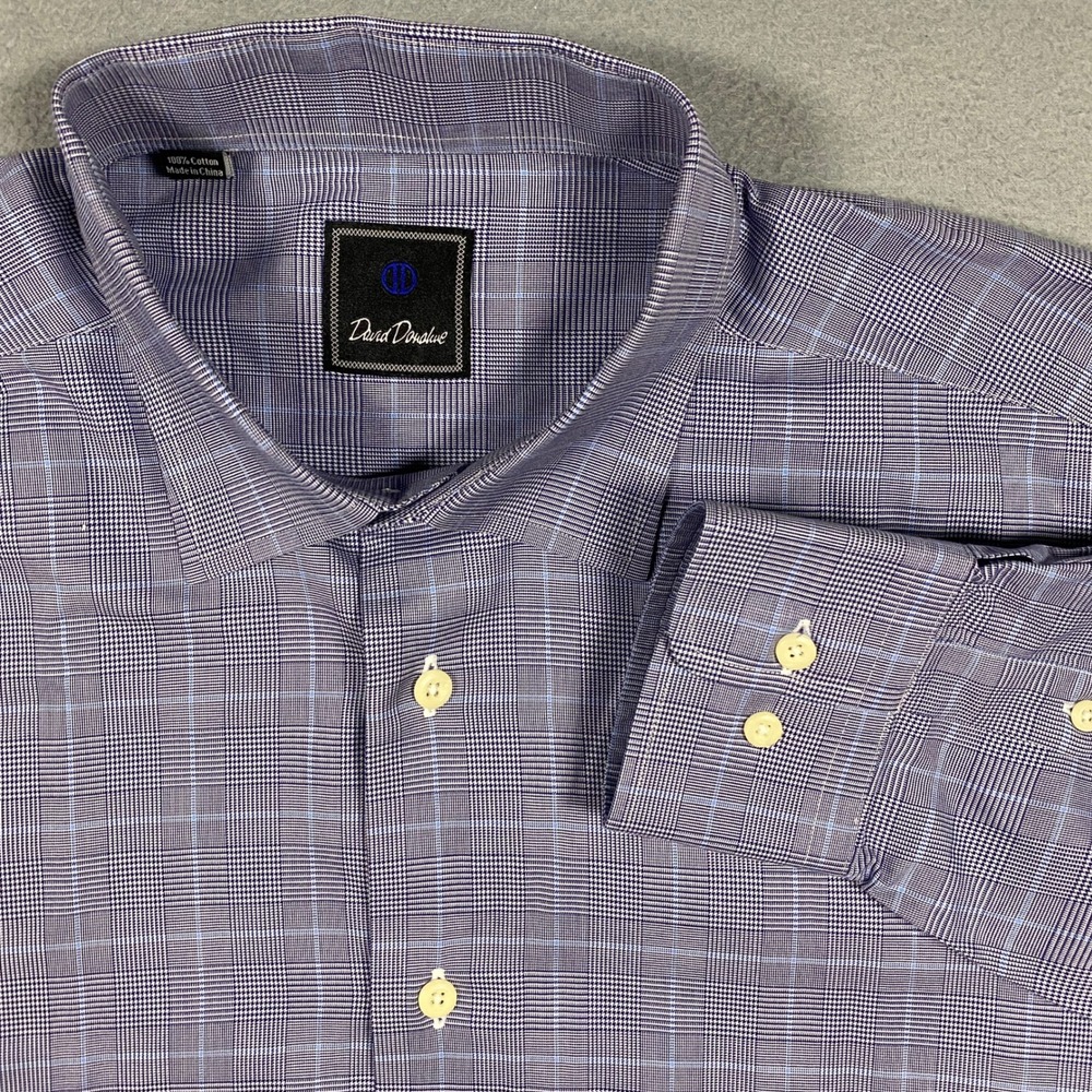 David Donahue Dress Shirt Mens 16.5 34/35 Purple Blue Glen Plaid Cotton LS